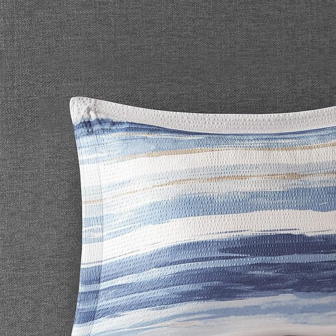 Madison Park Marina Comforter Quilt Combo Set - Modern Luxury Design, All Season Down Alternative Bedding, Matching Shams, Decorative Pillows, King/Cal King(104"x92") Seersucker Blue 8 Piece - LeafyLoom