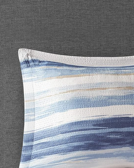 Madison Park Marina Comforter Quilt Combo Set - Modern Luxury Design, All Season Down Alternative Bedding, Matching Shams, Decorative Pillows, Full/Queen(90"x90"), Seersucker Blue 8 Piece - LeafyLoom
