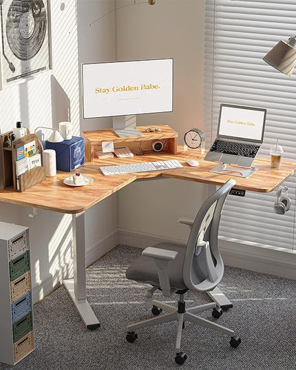 FEZIBO Corner Standing Desk, 48 Inches L Shaped Standing Desk, Electric Stand Up Corner Desk, Home Office Sit Stand Desk with Rustic Top and Black Frame - LeafyLoom