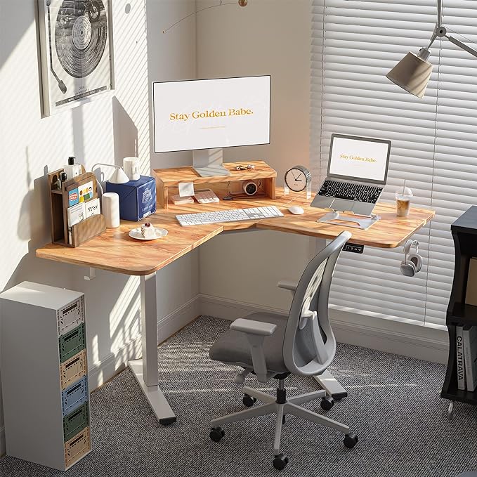 FEZIBO Corner Standing Desk, 48 Inches L Shaped Standing Desk, Electric Stand Up Corner Desk, Home Office Sit Stand Desk with Rustic Top and Black Frame - LeafyLoom