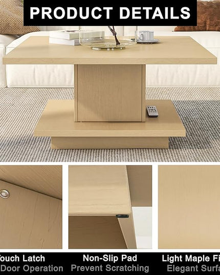 24/7 Shop at Home Lukas 31 inch Square Coffee Table with Hidden Storage and Base Shelf, Contemporary Furniture for Living Room, Home Office, Apartment, Small Space, Light Maple - LeafyLoom