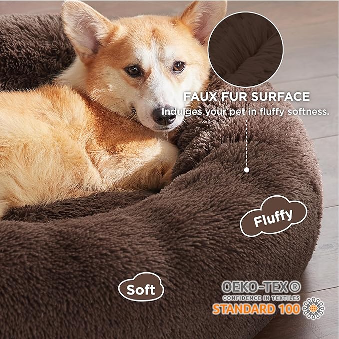 Bedsure Calming Dog Bed for Medium Dogs - Donut Washable Medium Pet Bed, 30 inches Anti-Slip Round Fluffy Plush Faux Fur Cat Bed, Fits up to 45 lbs Pets, Coffee BEDSURE