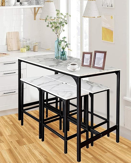 AT-VALY 5-Piece Bar Table Set with 4 Stools,Dining Room Table Set,Small Spaces (Black & White) - LeafyLoom