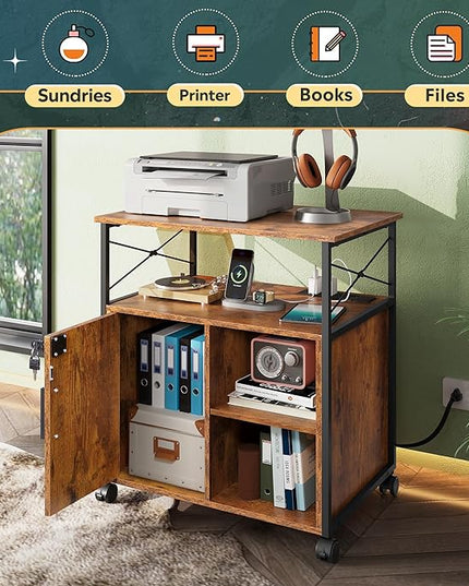 DEVAISE File Cabinet with Charging Station, Lockable Lateral Filing Cabinets for Home Office, Printer Cabinet Accommodates A4/Letter size file folders, Rustic Brown - LeafyLoom