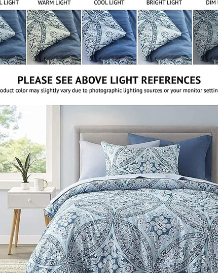 Comfort Spaces Bed in A Bag - Trendy Casual Design Cozy Comforter with Complete Sheet Set with Side Pocket, All Season Cover, Matching Shams, Twin XL(66 in x 90 in), Gloria, Damask Blue 6 Piece - LeafyLoom