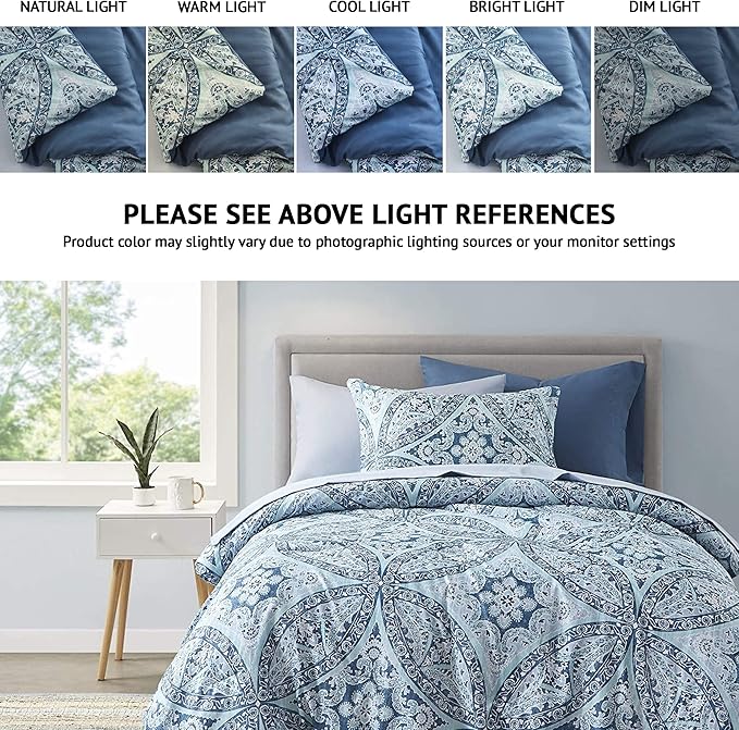 Comfort Spaces Bed in A Bag - Trendy Casual Design Cozy Comforter with Complete Sheet Set with Side Pocket, All Season Cover, Matching Shams, Twin XL(66 in x 90 in), Gloria, Damask Blue 6 Piece - LeafyLoom