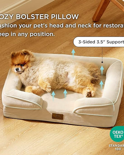 Bedsure Small Orthopedic Dog Bed - Washable Bolster Dog Sofa Beds for Small Dogs, Supportive Foam Pet Couch Bed with Removable Washable Cover, Waterproof Lining and Nonskid Bottom Couch, Light Khaki BEDSURE