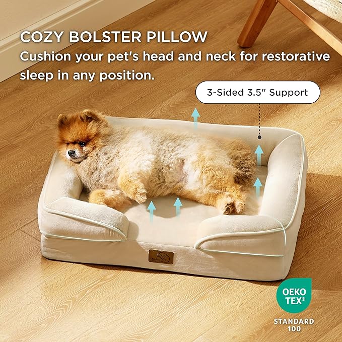 Bedsure Small Orthopedic Dog Bed - Washable Bolster Dog Sofa Beds for Small Dogs, Supportive Foam Pet Couch Bed with Removable Washable Cover, Waterproof Lining and Nonskid Bottom Couch, Light Khaki BEDSURE