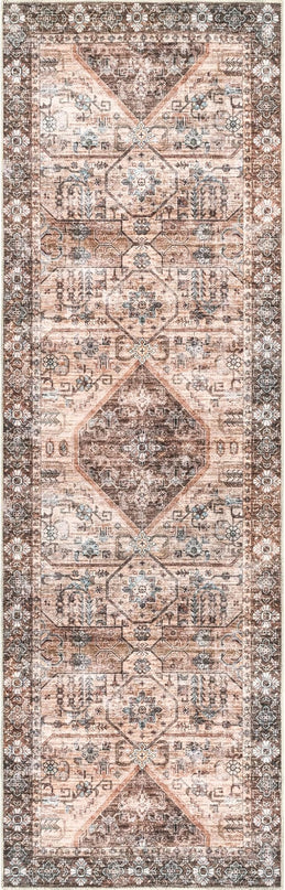 nuLOOM Devin Machine Washable Vintage Medallion Ultra Thin Runner Rug, 2' 6" x 10', Light Brown - LeafyLoom