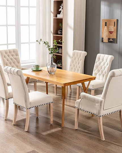 Dining Room Chairs with Arms,Tufted Upholstered High Back Nailed Trim with Untique Oak Wood Legs for Kitchen Restaurant Room Bedroom (Beige) - LeafyLoom
