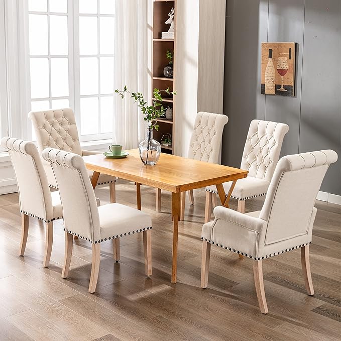 Dining Room Chairs with Arms,Tufted Upholstered High Back Nailed Trim with Untique Oak Wood Legs for Kitchen Restaurant Room Bedroom (Beige) - LeafyLoom