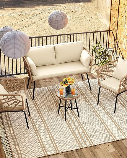 YITAHOME Wicker Outdoor Loveseat, All-Weather Patio Sofa for Balcony, Backyard, Pool, Porch, Deck, Outdoor Sectional Furniture Set with Table & Cushions - Beige - LeafyLoom