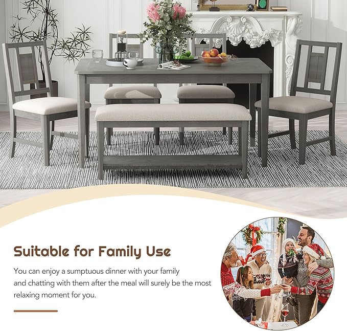 6-Piece Retro Dining Set with 4 upholstered Chairs, Counter Kitchen Suit W/Minimalist Wooden Table and 1 Shelf Bench, for Family Use, Easy to Install, Dark Gray+Beige - LeafyLoom