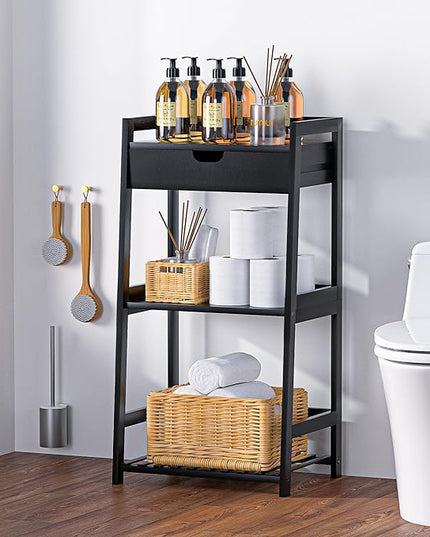 Bathroom Shelves, 3 Tier Ladder Shelf with Drawers, Bamboo Bookshelf Open Shelving, Nightstand Bookcase End Table Plant Stand for Living Room, Bedroom, Bathroom, Kitchen - LeafyLoom