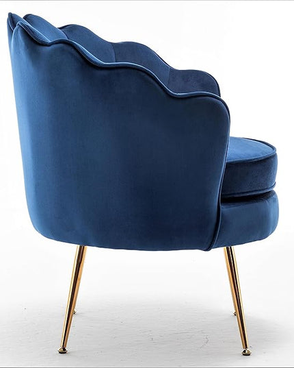 Velvet Barrel Accent Chair with Scalloped Silhouette and Gold Metal Legs, Decorative Piece Suitable for Traditional, Modern, and Contemporary Spaces, Navy Blue - LeafyLoom
