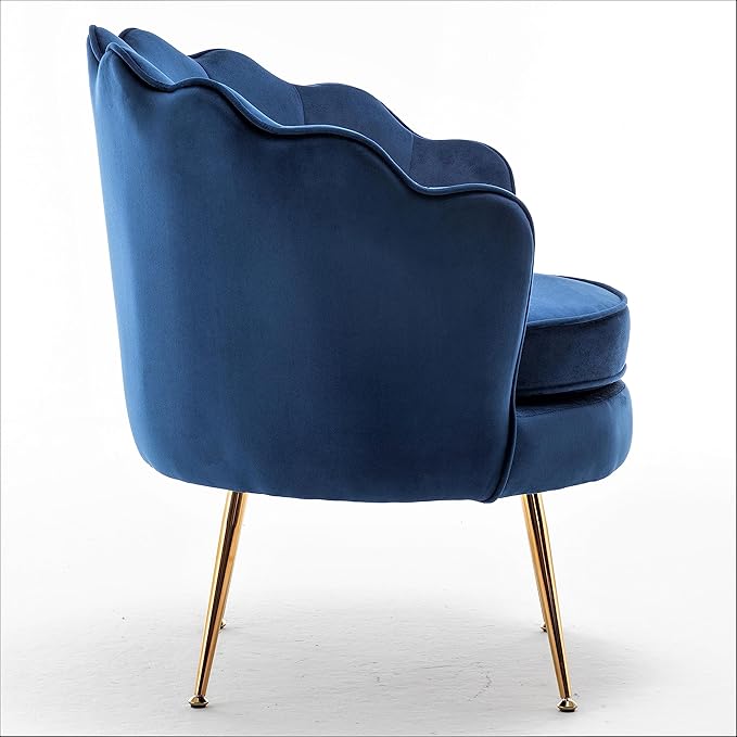 Velvet Barrel Accent Chair with Scalloped Silhouette and Gold Metal Legs, Decorative Piece Suitable for Traditional, Modern, and Contemporary Spaces, Navy Blue - LeafyLoom