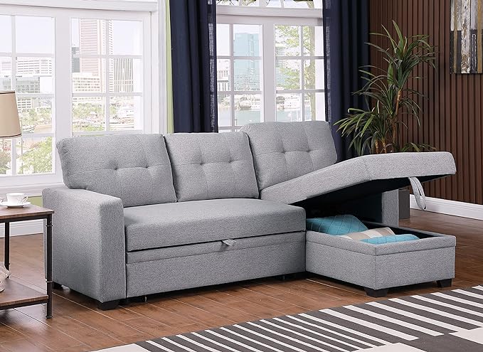 L Shaped Convertible Sofa, 82 Inch Sectional Couch Chaise, Linen Reversible Upholstered Pull Out Bed with Storage Space for Living Room, Apartment and Office, 82inch, Light Gray-2 - LeafyLoom