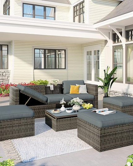 5 Pieces Patio Furniture Sets All Weather Wicker Rattan Sectional Sofa Outdoor Conversation with Adustable Backrest, Cushions, Ottomans and Lift Top Coffee Table for Poolside, Garden, Backyard - LeafyLoom