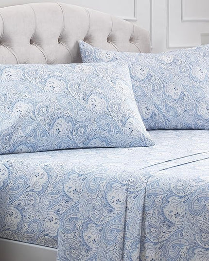 Mellanni Full Sheets Set - 4 PC Iconic Collection Bedding Sheets & Pillowcases - Hotel Luxury, Extra Soft, Cooling Bed Sheets - Deep Pocket up to 16 inch (Full, Paisley Blue) - LeafyLoom