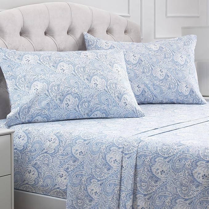 Mellanni Full Sheets Set - 4 PC Iconic Collection Bedding Sheets & Pillowcases - Hotel Luxury, Extra Soft, Cooling Bed Sheets - Deep Pocket up to 16 inch (Full, Paisley Blue) - LeafyLoom