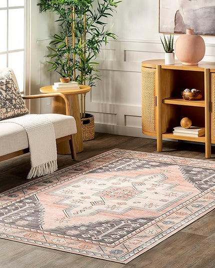 nuLOOM Catreena Transitional Floral Machine Washable Ultra Thin Area Rug, 5' x 8', Pink - LeafyLoom