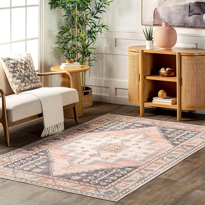 nuLOOM Catreena Transitional Floral Machine Washable Ultra Thin Area Rug, 5' x 8', Pink - LeafyLoom
