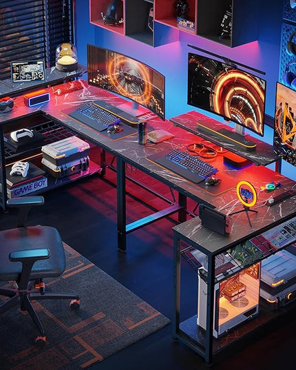 Bestier Small Gaming Desk with Power Outlets,42 L Shaped LED Computer Desk with Monitor Stand Reversible Storage Shelves,Corner Gamer Desk with Headset Hooks USB Port,Black Marble - LeafyLoom