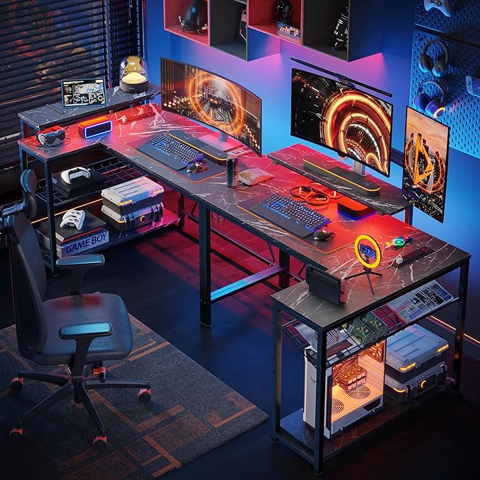 Bestier Small Gaming Desk with Power Outlets,42 L Shaped LED Computer Desk with Monitor Stand Reversible Storage Shelves,Corner Gamer Desk with Headset Hooks USB Port,Black Marble - LeafyLoom