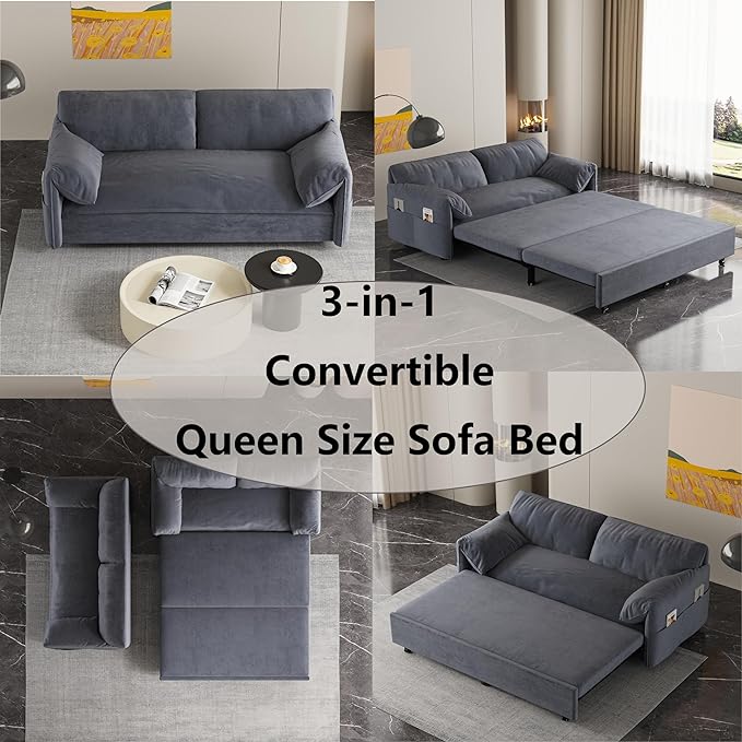 Oversized 3 in 1 Loveseat Sleeper Sofa Bed,Queen Size Love Seats W/Pull Out Couch and Padded Armrests Convertible Spacious Sofabed with Side Storage Pocket for Home Office Apartment Living Room - LeafyLoom