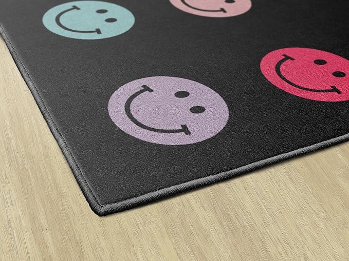 Flagship Carpets Schoolgirl Style Rainbow Smileys in Black Criss-Cross Applesauce Educational Area Rug for Kids Room, Children's Classroom for Teaching and Playroom, 5' x 7'6", Black & Multi, Seats 20 - LeafyLoom
