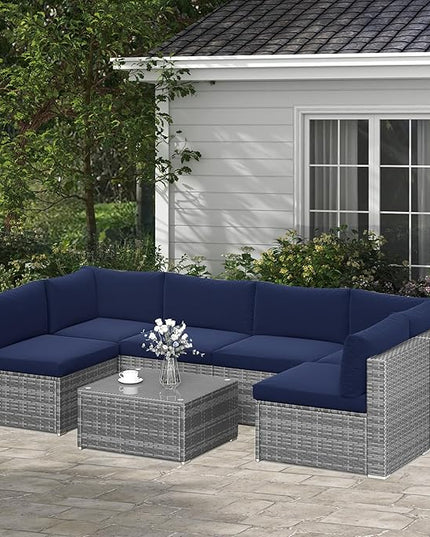 SUNVIVI OUTDOOR 7 Piece Patio Furniture Sets All Weather Grey PE Wicker Couch Sofa with Glass Table, Removable Navy Blue Cushions - LeafyLoom