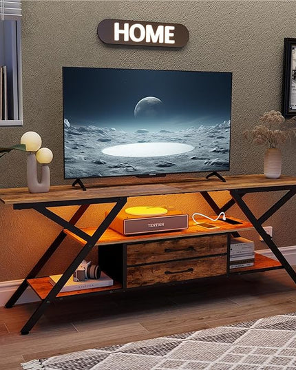 Modern 55" TV Stand with Power Outlet for TV up to 65 Inch, LED and 2 Storage Fabric Drawers, Entertainment Center with Charging Station for Living Room Bedroom (Rustic Brown) - LeafyLoom