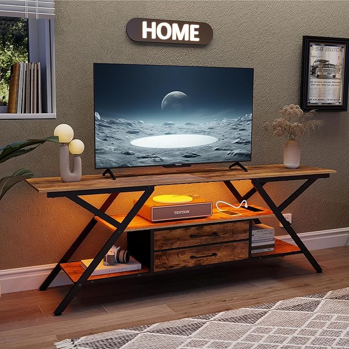 Modern 55" TV Stand with Power Outlet for TV up to 65 Inch, LED and 2 Storage Fabric Drawers, Entertainment Center with Charging Station for Living Room Bedroom (Rustic Brown) - LeafyLoom