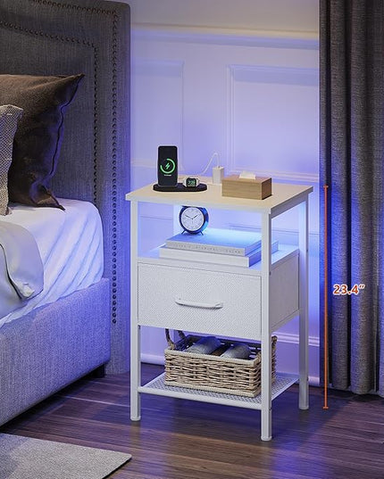 Night Stand, End Table with Charging Station, LED Bedside Table with Fabric Drawer for Bedroom, 3-Tier Side Table with Open Shelf, White - LeafyLoom