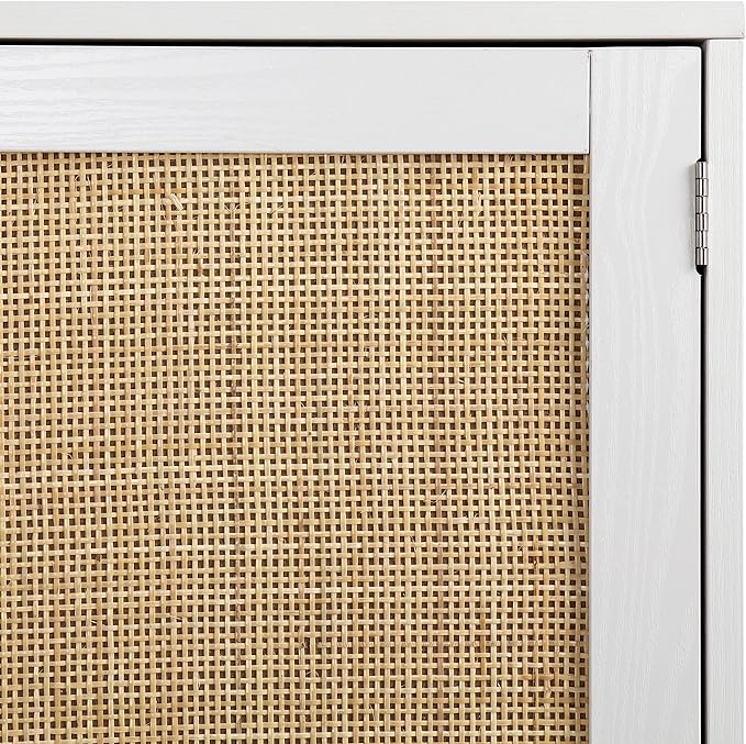 Finnhomy Sideboard Buffet Storage Liquor Cabinet with Rattan Decorated Doors, Kitchen, Dining Room, Hallway, Cupboard Console Table, Accent Cabinet, 31.5X 15.8X 34.6 Inches, White - LeafyLoom