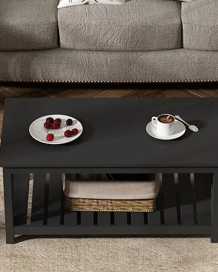 ChooChoo Coffee Table, Rustic Vintage Living Room Table with Shelf, 40 Pure Black - LeafyLoom