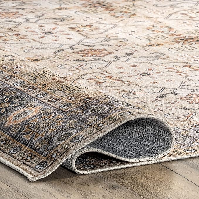 nuLOOM Annelle Floral Border Machine Washable Ultra Thin Area Rug, 8' x 10', Beige - LeafyLoom