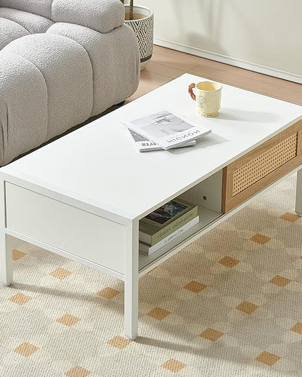 Rattan Coffee Table 40 Inch Mid Century Modern Coffee Table with Storage, Industrial Metal Rectangle Wood Center Table with Rattan Sliding Door for Living Room, White - LeafyLoom