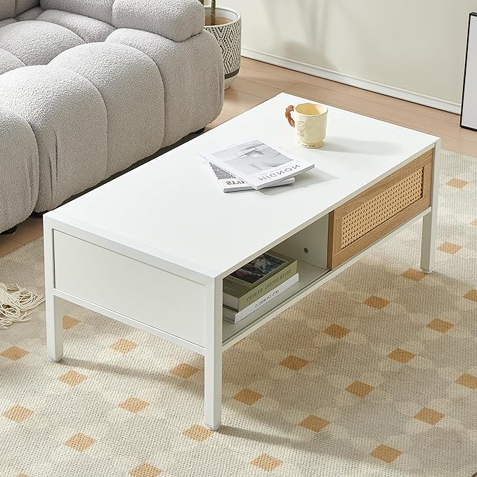 Rattan Coffee Table 40 Inch Mid Century Modern Coffee Table with Storage, Industrial Metal Rectangle Wood Center Table with Rattan Sliding Door for Living Room, White - LeafyLoom