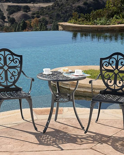 NUU GARDEN 3 Piece Outdoor Bistro Set All Weather Cast Aluminum Patio Set Bistro Table Set Rustproof Patio Table and Chairs with Umbrella Hole for Backyard, Balcony, Front Porch, Black - LeafyLoom