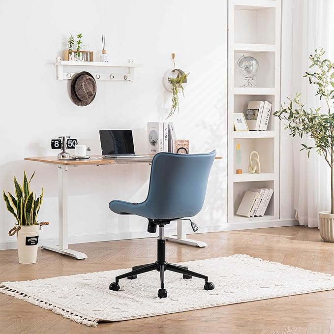 YOUNIKE Armless Office Chair with Wheels Swivel Leather Desk Chair, Upholstered Adjustable Computer Task Chair, Modern Rolling Gaming Chair Mid Back, Blue - LeafyLoom