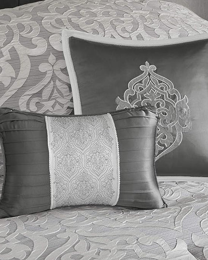 Madison Park Odette Cozy Comforter Set Jacquard Damask Medallion Design - Modern All Season, Down Alternative Bedding, Shams, Decorative Pillows, Queen(90 in x 90 in), Silver 8 Piece - LeafyLoom
