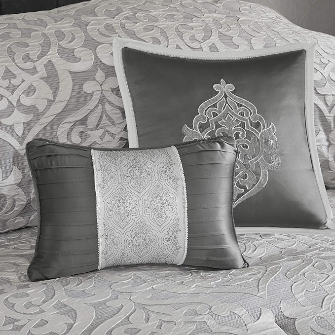 Madison Park Odette Cozy Comforter Set Jacquard Damask Medallion Design - Modern All Season, Down Alternative Bedding, Shams, Decorative Pillows, Queen(90 in x 90 in), Silver 8 Piece - LeafyLoom