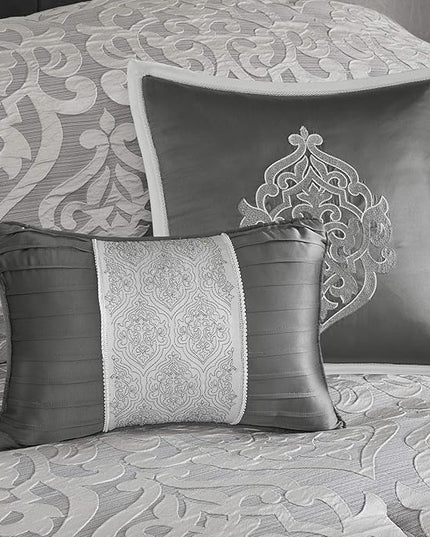 Madison Park Odette Cozy Comforter Set Jacquard Damask Medallion Design - Modern All Season, Down Alternative Bedding, Shams, Decorative Pillows, Cal King(104 in x 92 in), Silver 8 Piece - LeafyLoom
