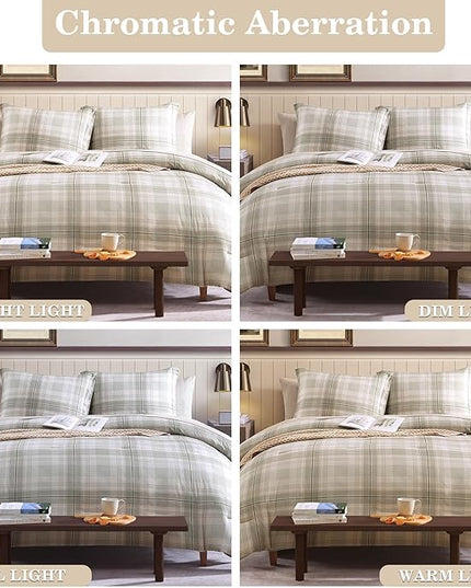 Beige King Size Comforter, Khaki Green Plaid King Comforter Set or Boys & Girls,Classic Homestead-style King Bedding Sets with King Size Bed Sheets and Comforter Sets - LeafyLoom