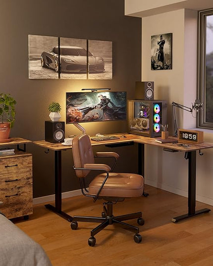 FEZIBO L Shaped Standing Desk Adjustable Height, 63 Inch Electric Stand up Corner Computer Desk, Sit Stand Home Office Desk with Splice Board, Rustic Brown Top/Black Frame - LeafyLoom