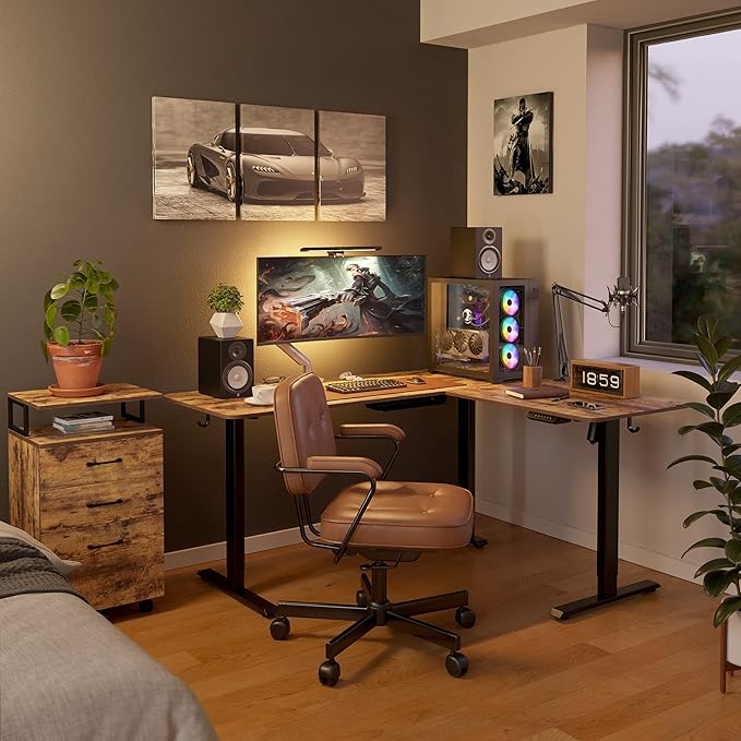 FEZIBO L Shaped Standing Desk Adjustable Height, 63 Inch Electric Stand up Corner Computer Desk, Sit Stand Home Office Desk with Splice Board, Rustic Brown Top/Black Frame - LeafyLoom