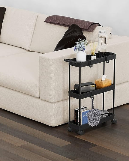 Simple Houseware 3-Tier Slim/Super Narrow Kitchen Cart with Handle, hooks and storage with shelves, Black - LeafyLoom