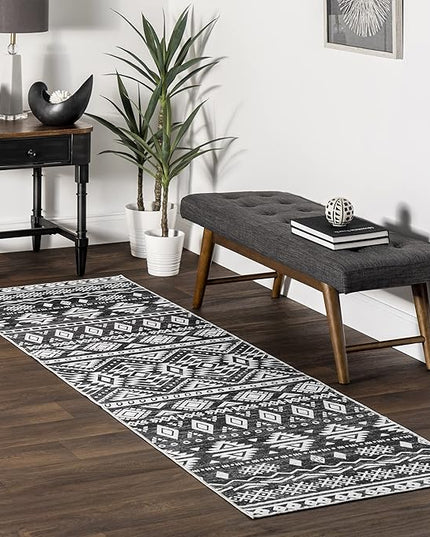 nuLOOM Madlyn Tribal Machine Washable Ultra Thin Runner Rug, 2' 6" x 8', Charcoal - LeafyLoom