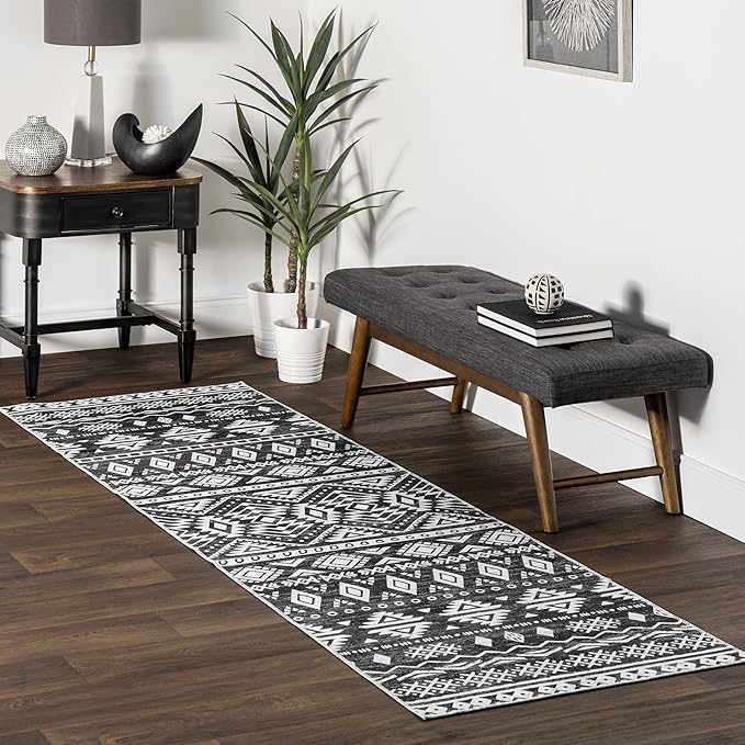 nuLOOM Madlyn Tribal Machine Washable Ultra Thin Runner Rug, 2' 6" x 8', Charcoal - LeafyLoom